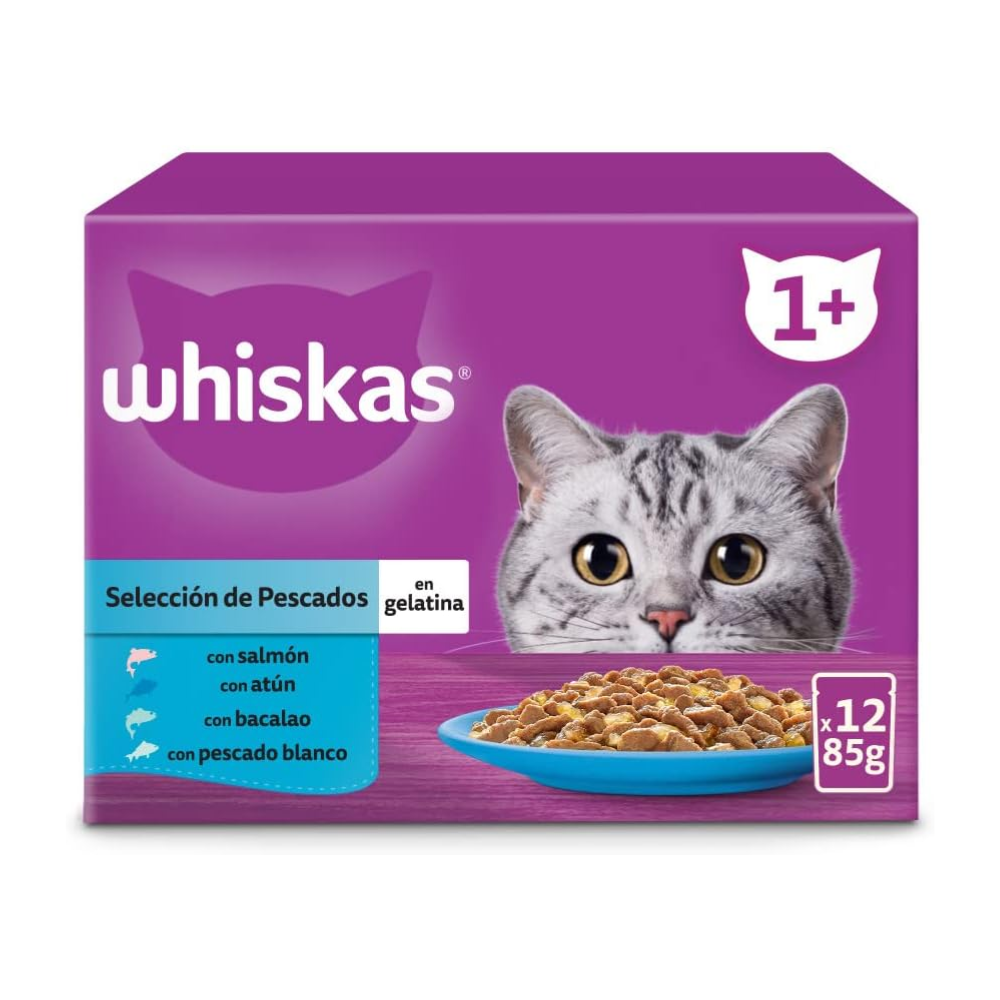Comida Húmeda para Gatos Whiskas Selección Pescado en Gelatina 12 Sobres + 1 sobre de regalo de 85 gramos cada uno.